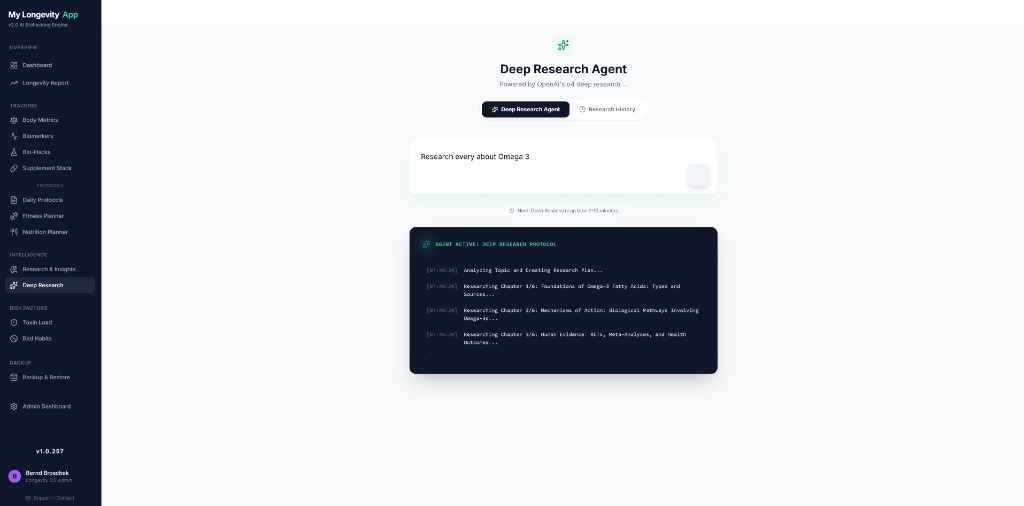 Longevity - Deep Research Agent Feature in MyLongevityApp